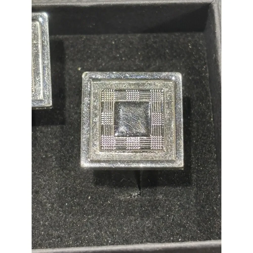 Vintage Mid Century Silver Tone Geometric Cufflinks Mens Formal Jewelry With Box